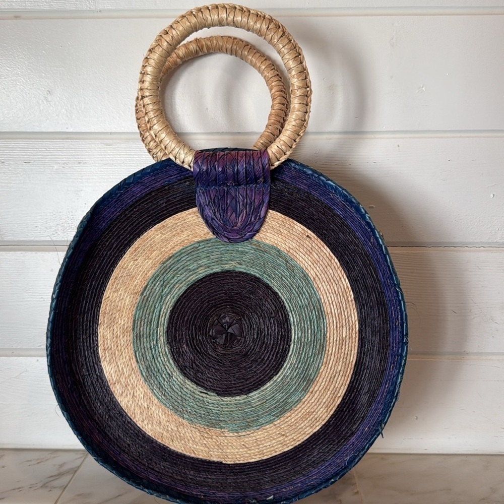Vintage Round Natural Straw Blue & Purple Beachy Bag - Picture 14 of 14